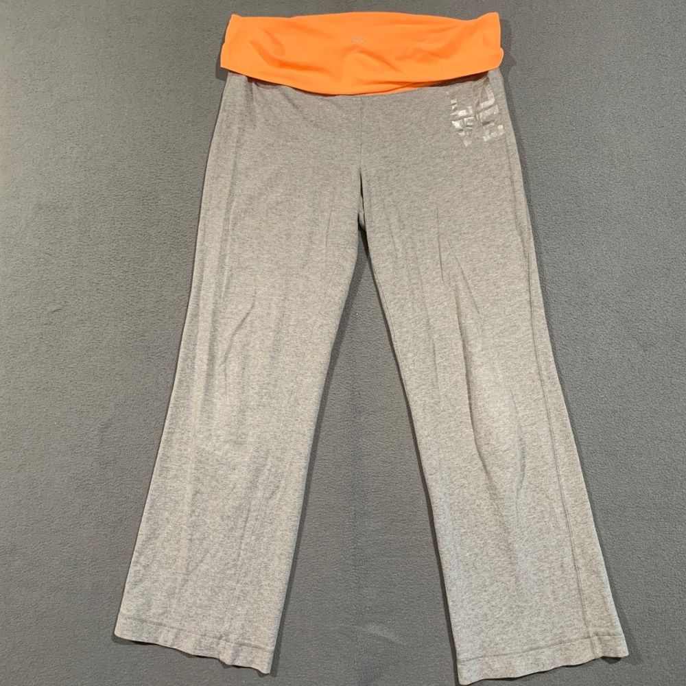 SO Yoga Pants Women Large Gray Orange Foldover Waist Wide Leg LOVE Graphic Y2K